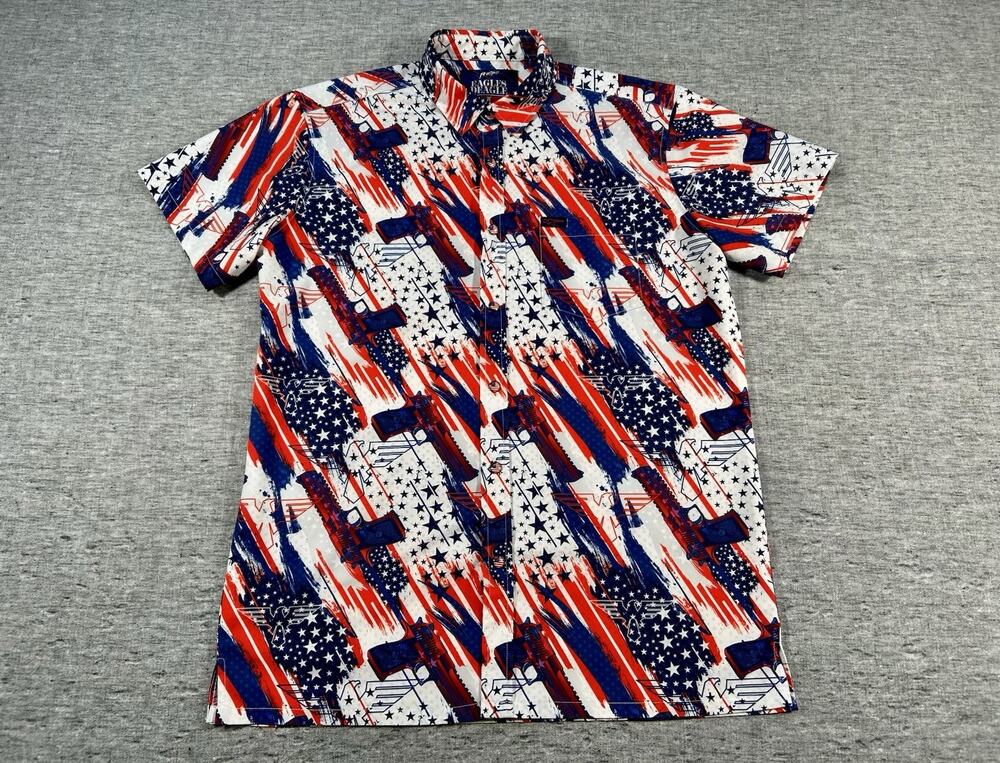 Retro Rifle Eagles Deagle Shirt Mens Large Short Sleeve Stretch USA Button-Up